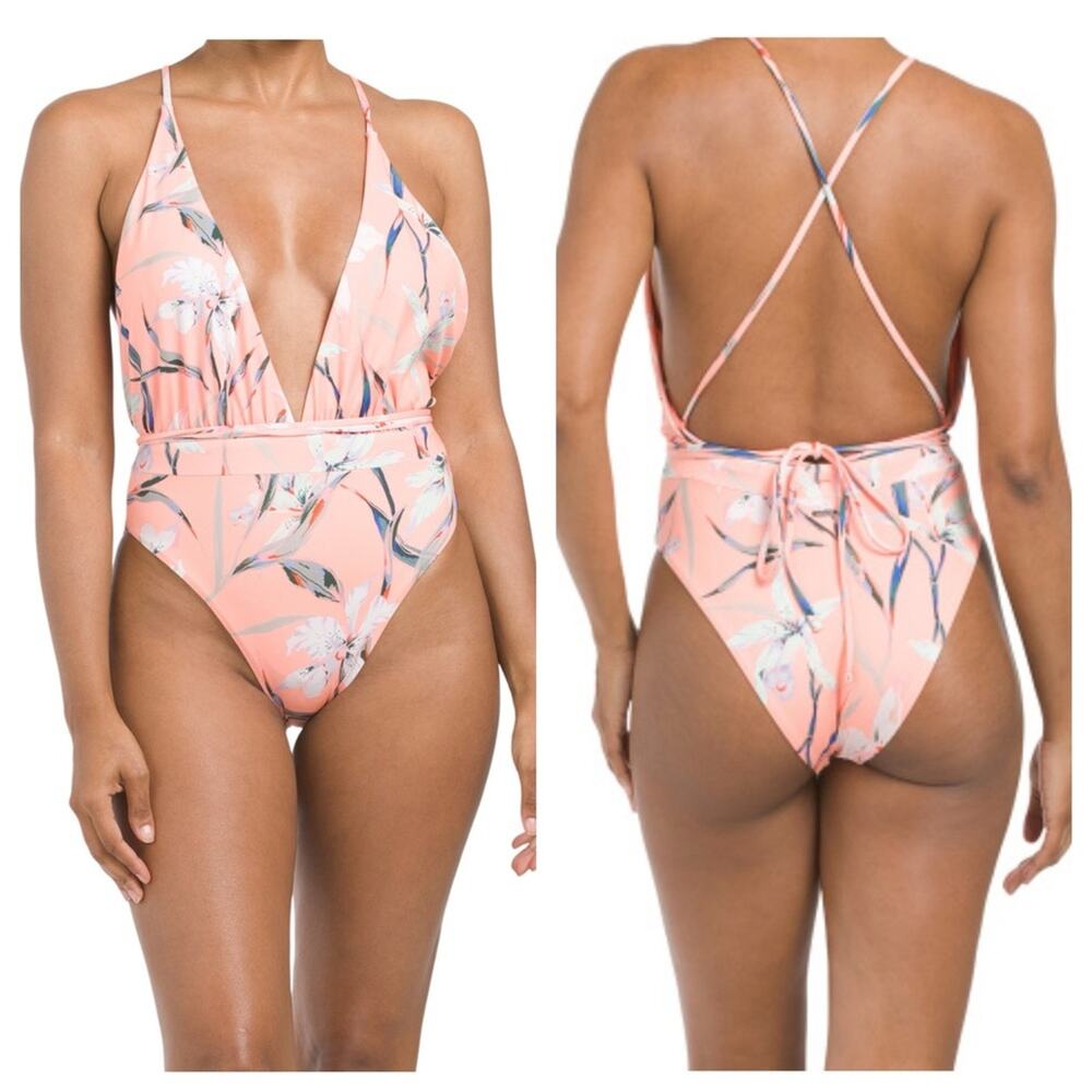 NWT Maaji Swimsuit One Piece Floral Reversible Cheeky V-Neck Womens Size Large